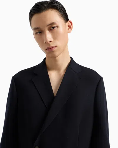 Emporio Armani Double-breasted Blazer In A Plain-knit Wool Blend In Black