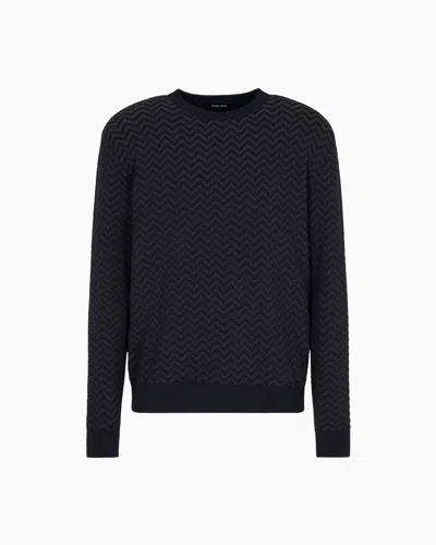 Giorgio Armani Plated Chevron Virgin Wool, Crew-neck Jumper In Blue