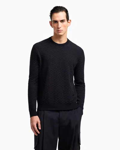 Giorgio Armani Plated Chevron Virgin Wool, Crew-neck Jumper In Blue