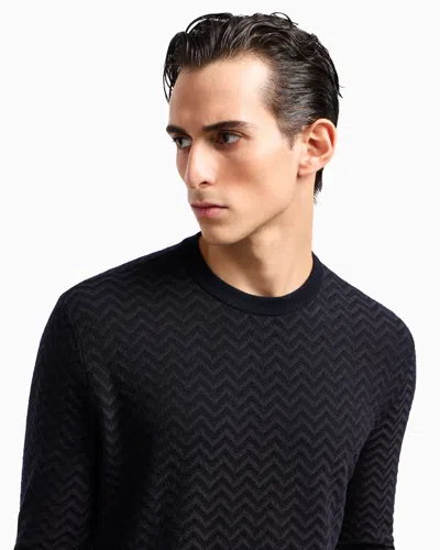 Giorgio Armani Plated Chevron Virgin Wool, Crew-neck Jumper In Blue