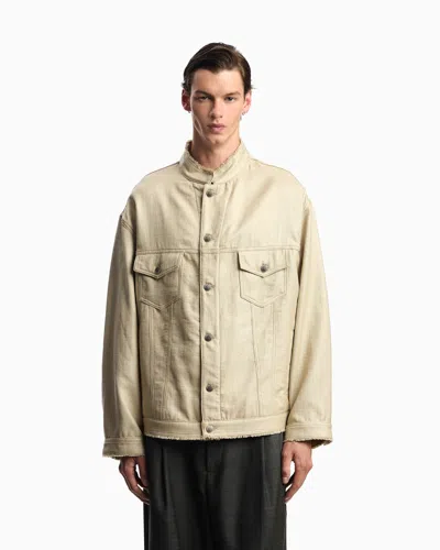 Emporio Armani Jacket With Guru Collar In A Coated Woven Fabric In Neutral