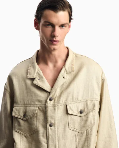 Emporio Armani Jacket With Guru Collar In A Coated Woven Fabric In Neutral