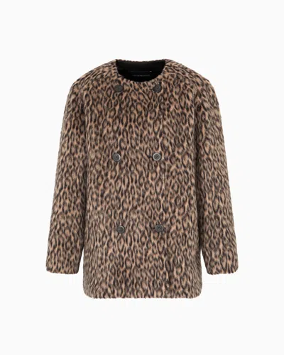 Emporio Armani Leopard Print Wool Blend Double Breasted Jacket In Brown