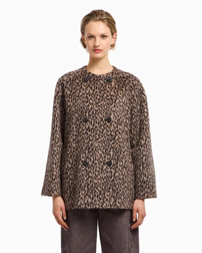 Emporio Armani Leopard Print Wool Blend Double Breasted Jacket In Brown