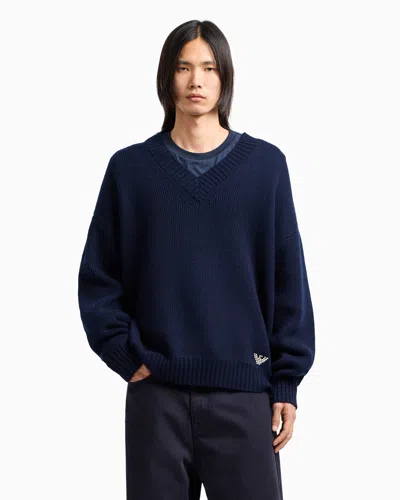 Emporio Armani Asv New York Capsule Collection Wool-blend V-neck Jumper In Blue