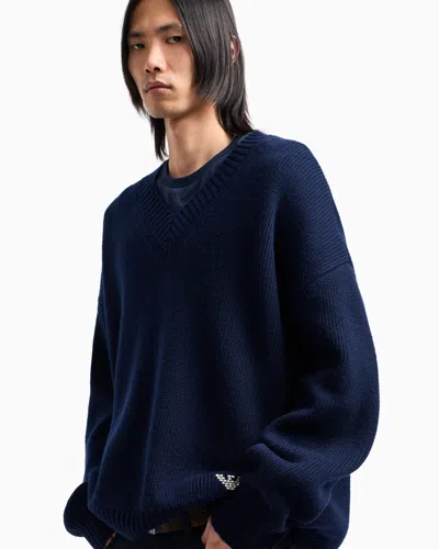 Emporio Armani Asv New York Capsule Collection Wool-blend V-neck Jumper In Blue
