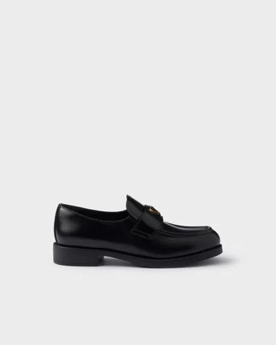 Prada Leather Loafers With Round Toe And Decorative Buckle In Black