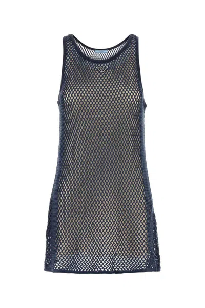 Prada Navy Blue Mesh Mini Dress In Blue