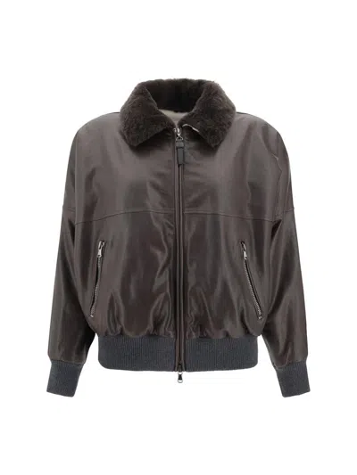 Brunello Cucinelli Shearling Collar Leather Jacket Women In Brown