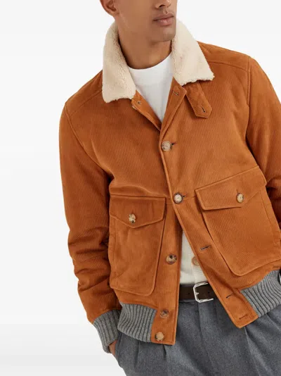 Brunello Cucinelli Suede Shearling Aviator Jacket In Multi