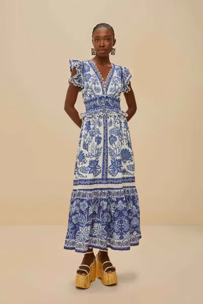 Farm Rio Shell Garden Cotton Ruffle Maxi Dress In Blue
