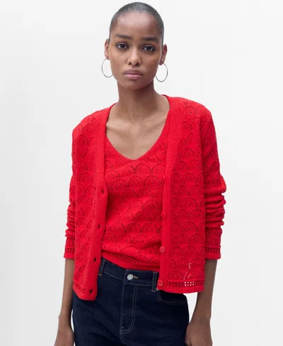 Mango Pointelle Stitch Cotton Blend Cardigan In Red