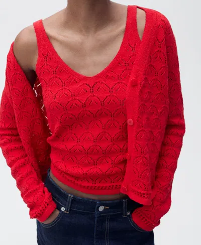 Mango Pointelle Stitch Cotton Blend Cardigan In Red