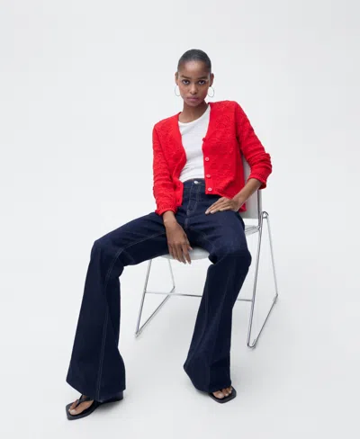Mango Pointelle Stitch Cotton Blend Cardigan In Red