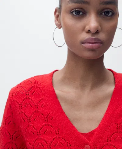 Mango Pointelle Stitch Cotton Blend Cardigan In Red