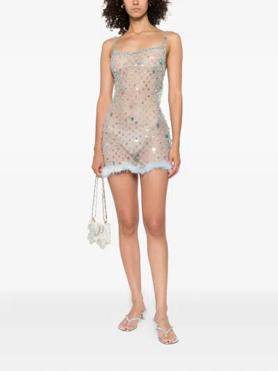 Roberta Einer Feather-trim Mesh Mini Dress In Blue