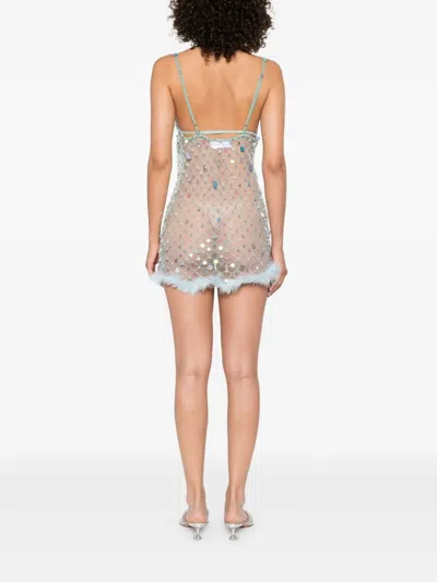 Roberta Einer Feather-trim Mesh Mini Dress In Blue