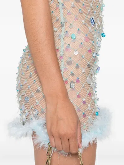 Roberta Einer Feather-trim Mesh Mini Dress In Blue