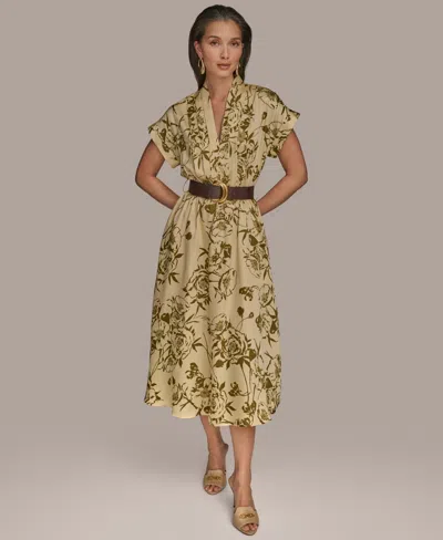 Donna Karan New York Floral Short Sleeve Belted A-line Midi Dress In Neutral