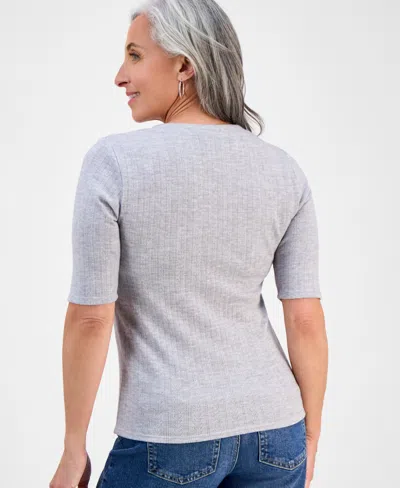Style & Co Petite Pointelle Elbow-sleeve Henley Knit Top, Exclusively At Macy's In Gray