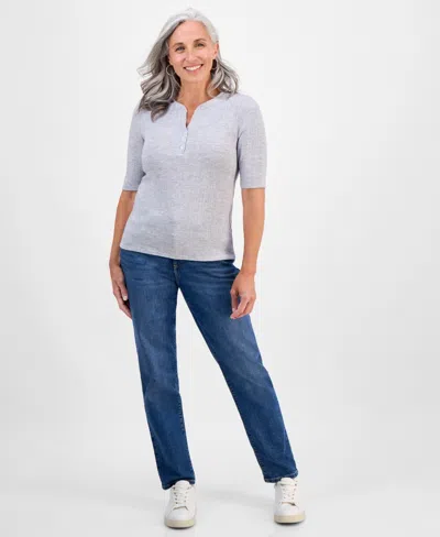 Style & Co Petite Pointelle Elbow-sleeve Henley Knit Top, Exclusively At Macy's In Gray