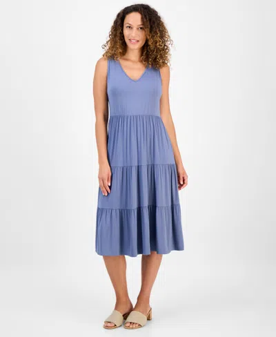 Style & Co Petite V-neck Tiered Sleeveless Midi Dress, Exclusively At Macy's In Blue