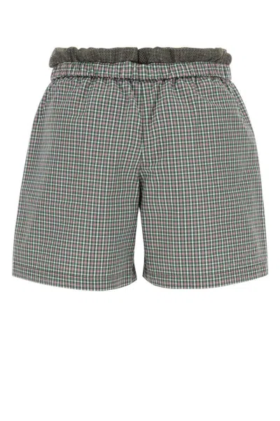 Miu Miu Checkered Pattern Shorts With Embroidered Nylon Blend In Blue