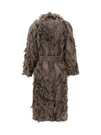 Brunello Cucinelli Fil Coupe Jacquard Fringe Belted Trench Coat In Brown