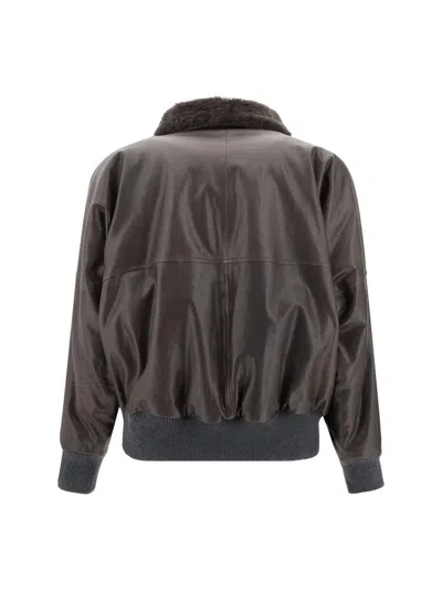 Brunello Cucinelli Shearling Collar Leather Jacket Women In Brown
