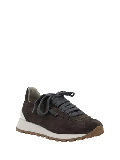 Brunello Cucinelli Brown Low Top Sneakers With Monil Detail On The Side And Embossed Logo Lettering On The Rear In Leat In Black