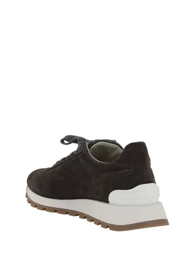 Brunello Cucinelli Brown Low Top Sneakers With Monil Detail On The Side And Embossed Logo Lettering On The Rear In Leat In Black