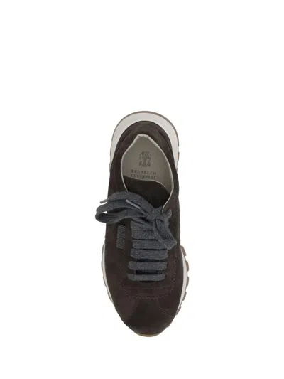 Brunello Cucinelli Brown Low Top Sneakers With Monil Detail On The Side And Embossed Logo Lettering On The Rear In Leat In Black