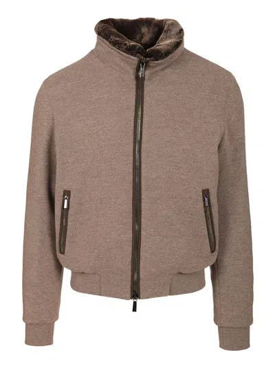 Moorer Casual Jacket With Fur Collar And Ribbed Finish In Brown