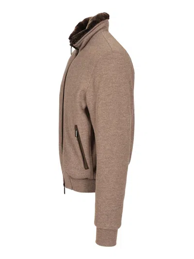 Moorer Casual Jacket With Fur Collar And Ribbed Finish In Brown