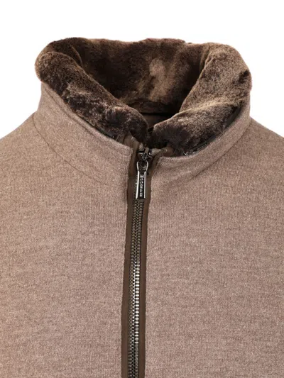 Moorer Casual Jacket With Fur Collar And Ribbed Finish In Brown