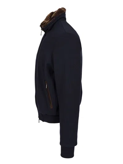 Moorer Padded Fleece Zip-up Jacket With Detachable Faux-fur Collar In Blue