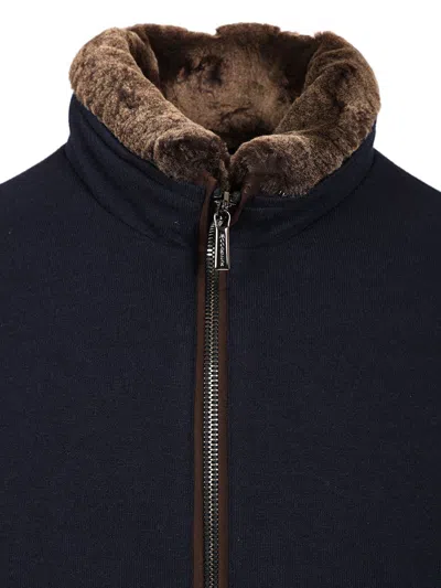 Moorer Padded Fleece Zip-up Jacket With Detachable Faux-fur Collar In Blue