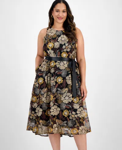 Tahari Asl Plus Size Embroidered-mesh Tie-waist Dress In Multi