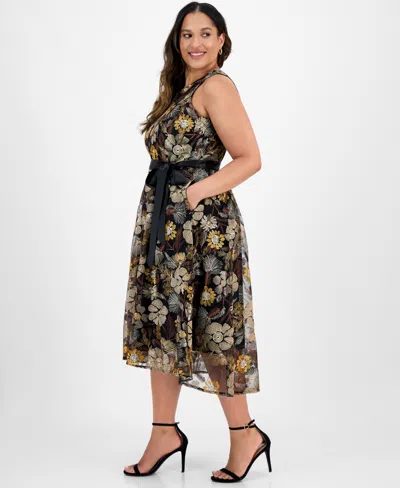 Tahari Asl Plus Size Embroidered-mesh Tie-waist Dress In Multi