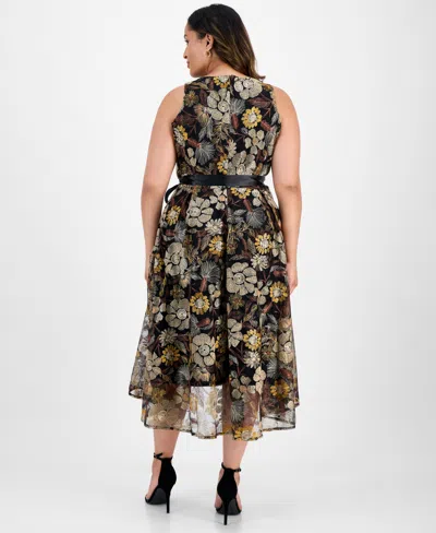 Tahari Asl Plus Size Embroidered-mesh Tie-waist Dress In Multi