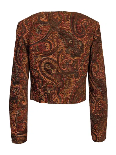 Chloé Multicolor Cropped Jacket With Round Neck And All-over Motif In Cotton Blend Woman In Brown