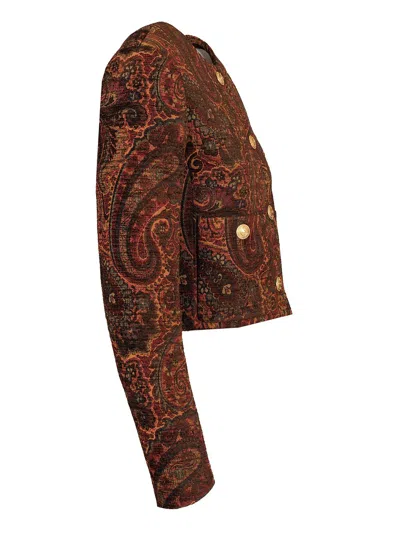 Chloé Multicolor Cropped Jacket With Round Neck And All-over Motif In Cotton Blend Woman In Brown