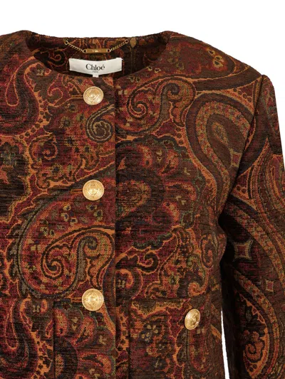 Chloé Multicolor Cropped Jacket With Round Neck And All-over Motif In Cotton Blend Woman In Brown