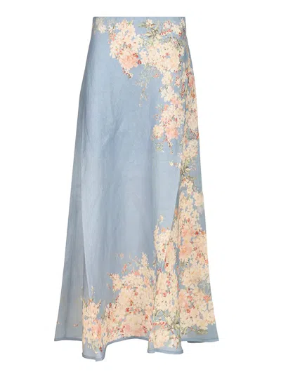 Zimmermann Womens Cascadian Bias Floral Linen Midi Skirt Teal Blue Botanical In Gray
