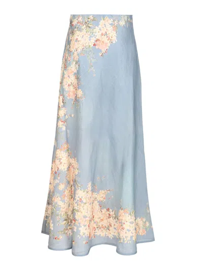 Zimmermann Womens Cascadian Bias Floral Linen Midi Skirt Teal Blue Botanical In Gray