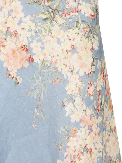 Zimmermann Womens Cascadian Bias Floral Linen Midi Skirt Teal Blue Botanical In Gray