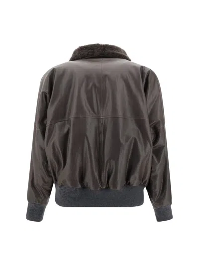 Brunello Cucinelli Shearling Collar Leather Jacket Women In Brown