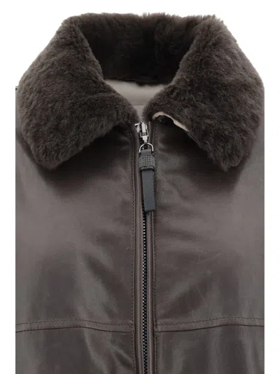 Brunello Cucinelli Shearling Collar Leather Jacket Women In Brown