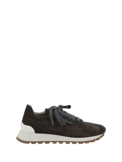 Brunello Cucinelli Brown Low Top Sneakers With Monil Detail On The Side And Embossed Logo Lettering On The Rear In Leat In Black