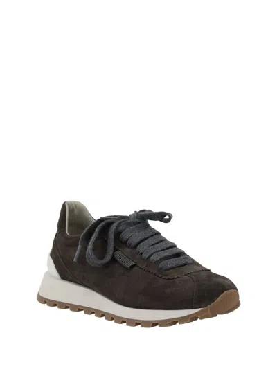 Brunello Cucinelli Brown Low Top Sneakers With Monil Detail On The Side And Embossed Logo Lettering On The Rear In Leat In Black